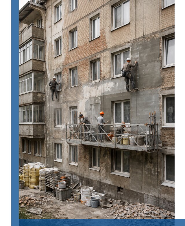 Капитальный ремонт фасада в Еманжелинске с восстановлением и гидроизоляцией