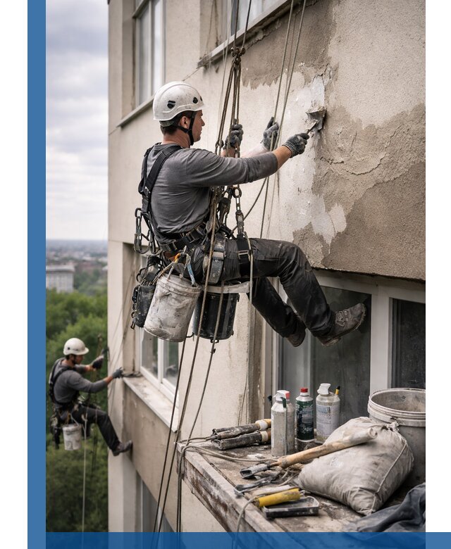 Косметический ремонт фасада зданий в Еманжелинске промышленными альпинистами