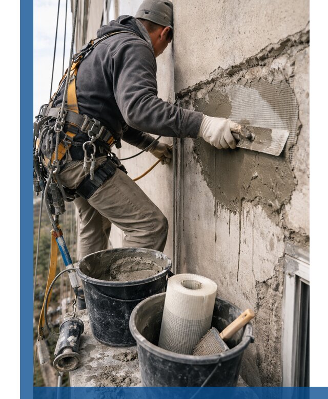 Ремонт бетонных элементов фасада промышленными альпинистами в Еманжелинске