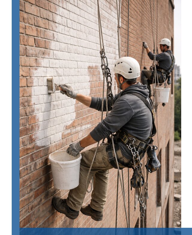 Покраска кирпичного фасада с доступным альпинистским сервисом в Еманжелинске