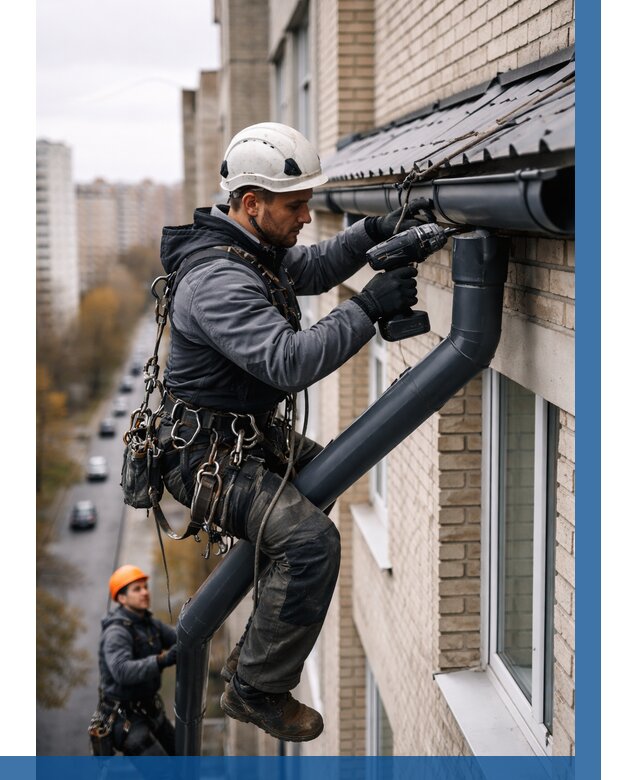 Монтаж водосточной системы на здании в Еманжелинске от 5136 р. | ВЫСОТНИК-Мнж