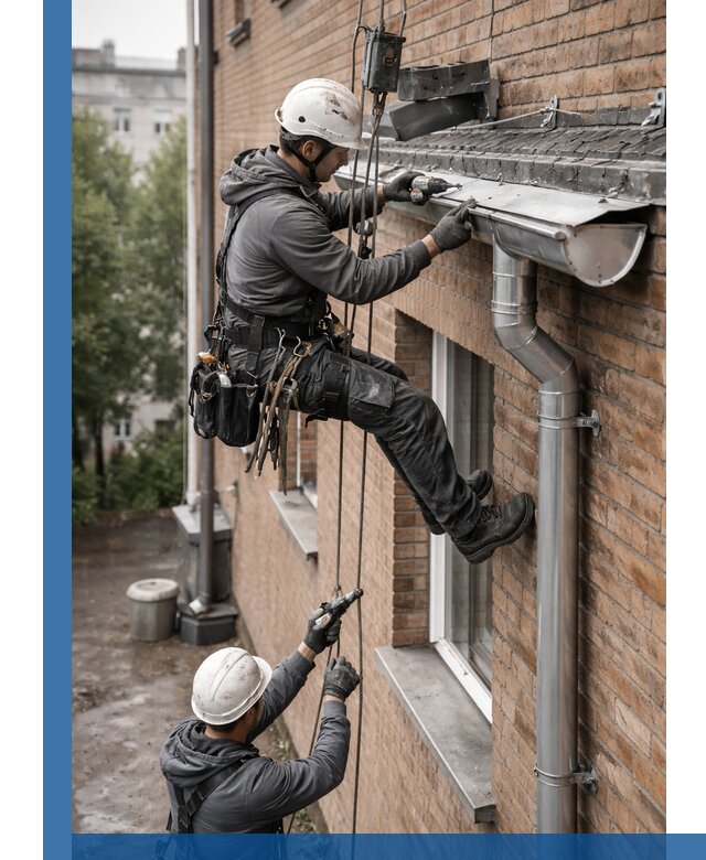 Монтаж водосточной системы на здании в Еманжелинске под ключ