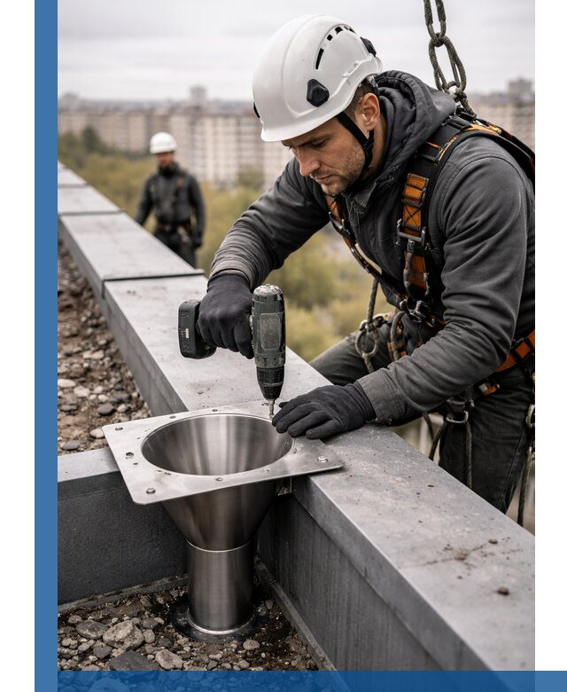 Монтаж водосточных воронок в Еманжелинске для промышленных зданий