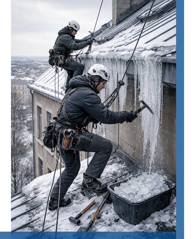 Удаление наледи с кровли в Еманжелинске от 5649 р. | ВЫСОТНИК-Мнж