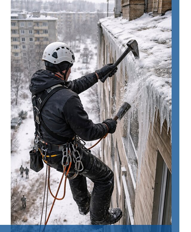 Сбивание сосулек с крыши в Еманжелинске по цене от 4622 р. | ВЫСОТНИК-Мнж