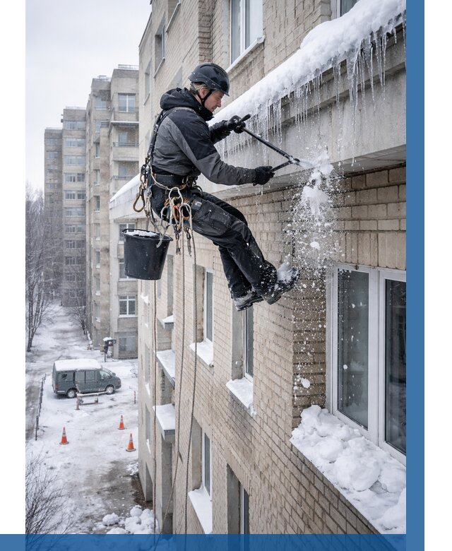 Удаление наледи с карнизов в Еманжелинске от 359 р. | ВЫСОТНИК-Мнж