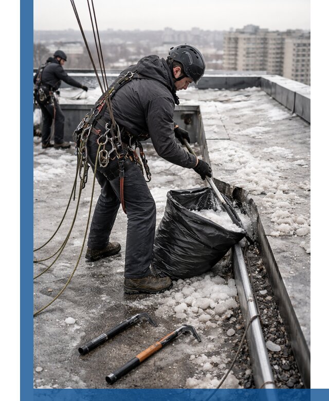 Аварийная очистка кровли в Еманжелинске от промальпинистов