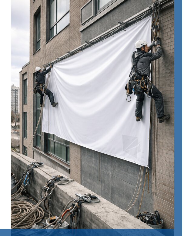 Монтаж баннеров на фасаде в Еманжелинске от 668 р. заказать ВЫСОТНИК-Мнж