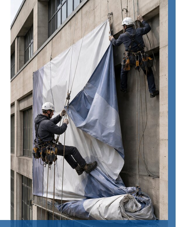 Демонтаж баннеров с фасада в Еманжелинске от 4622 р. | ВЫСОТНИК-Мнж