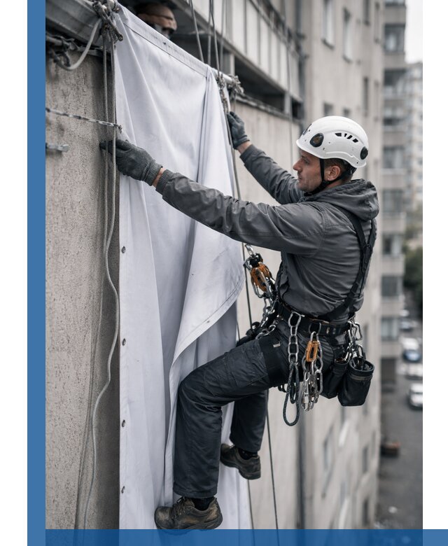 Замена баннерного полотна промышленными альпинистами в Еманжелинске