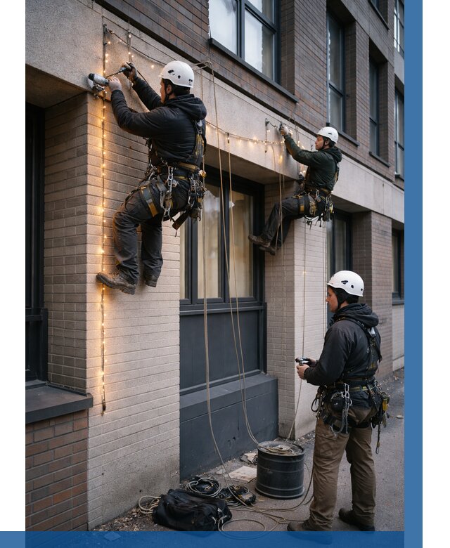 Монтаж гирлянд на фасаде в Еманжелинске от 3595 р. | ВЫСОТНИК-Мнж