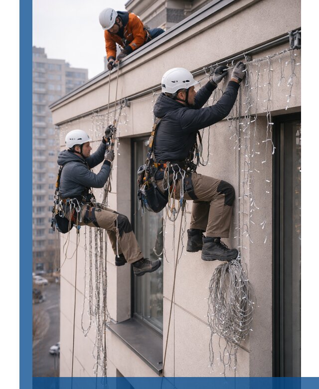 Монтаж праздничных гирлянд на фасаде в Еманжелинске для зданий