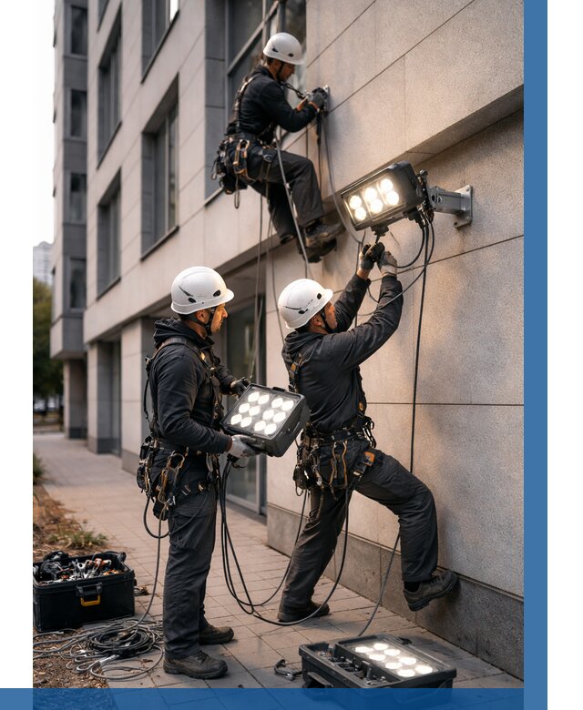 Монтаж прожекторов на фасаде в Еманжелинске от 7703 р. | ВЫСОТНИК-Мнж