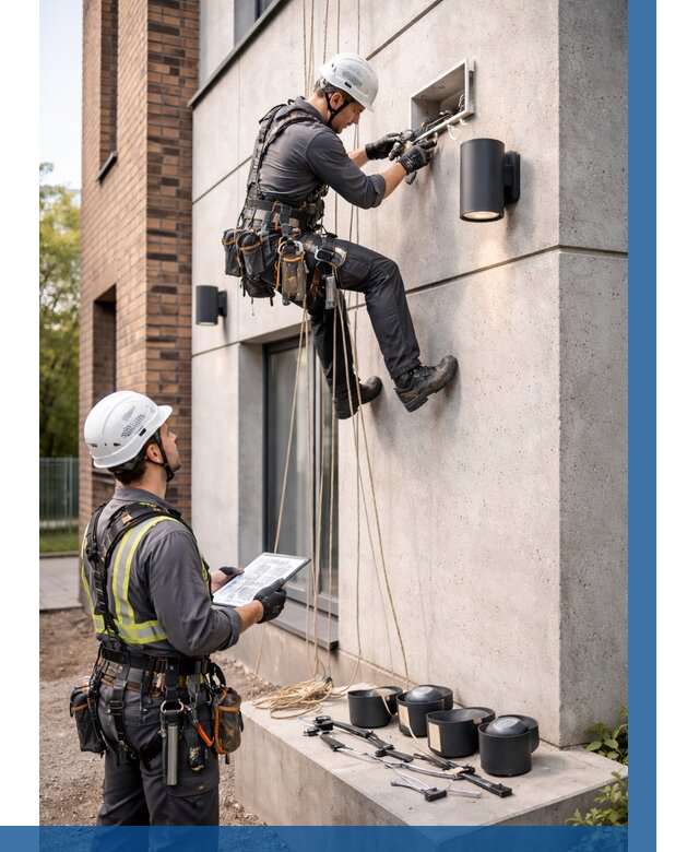 Монтаж фасадного освещения в Еманжелинске от 2568 р. | ВЫСОТНИК-Мнж