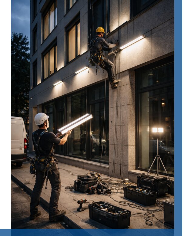 Монтаж архитектурной подсветки здания в Еманжелинске от 2568 р.|ВЫСОТНИК-Мнж