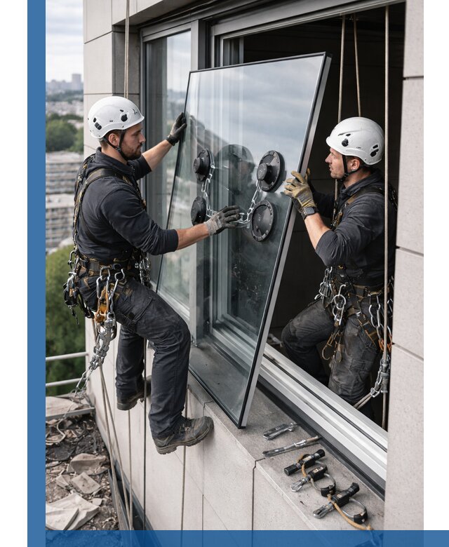 Замена стеклопакетов на высоте с промышленными альпинистами в Еманжелинске