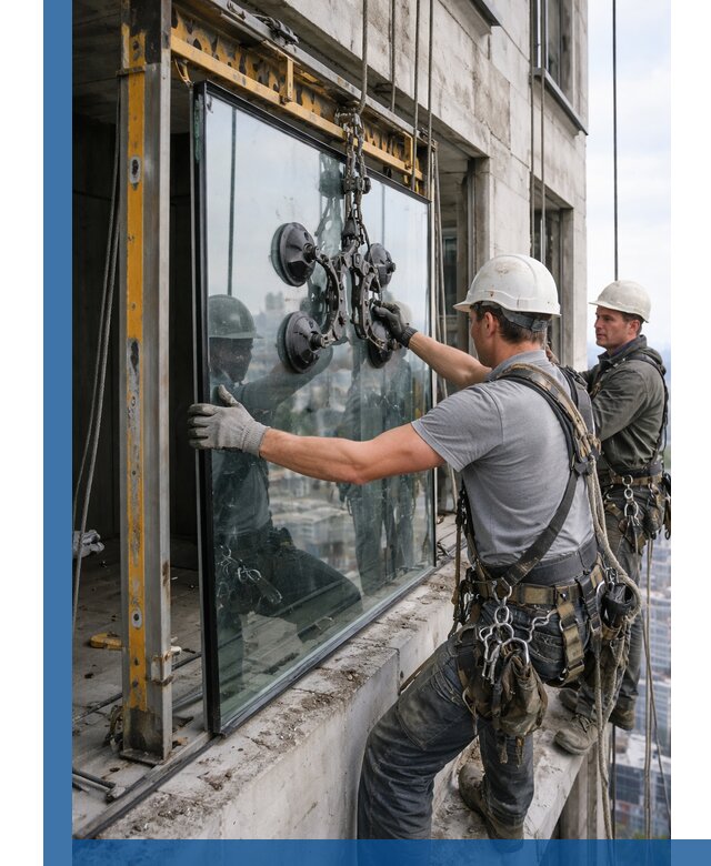 Монтаж стеклопакетов на высоте в Еманжелинске с промышленным альпинизмом