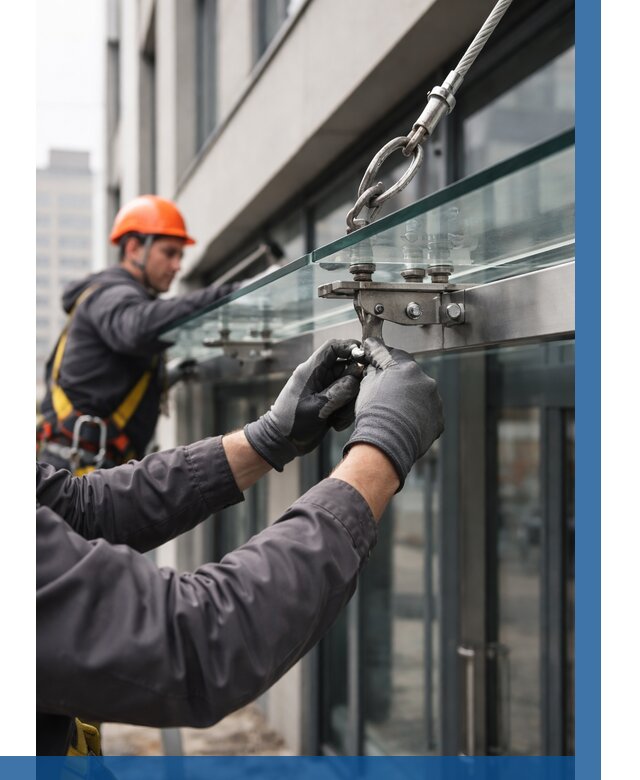 Монтаж стеклянных козырьков в Еманжелинске от 8730 р. | ВЫСОТНИК-Мнж