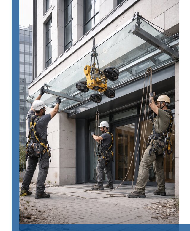 Монтаж стеклянных козырьков под ключ в Еманжелинске для зданий