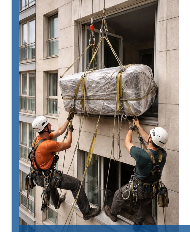 Подъем грузов через окно в Еманжелинске промышленными альпинистами