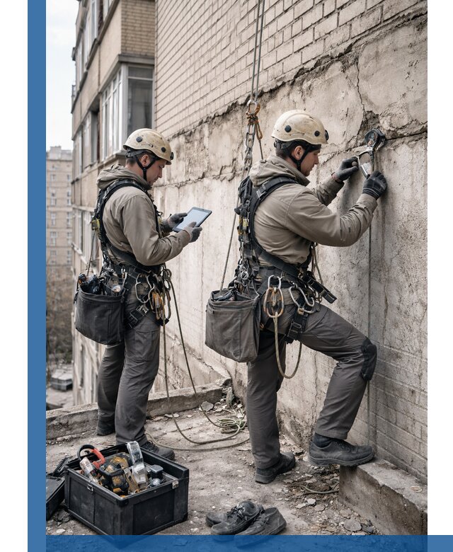 Обследование фасада промышленными альпинистами в Еманжелинске